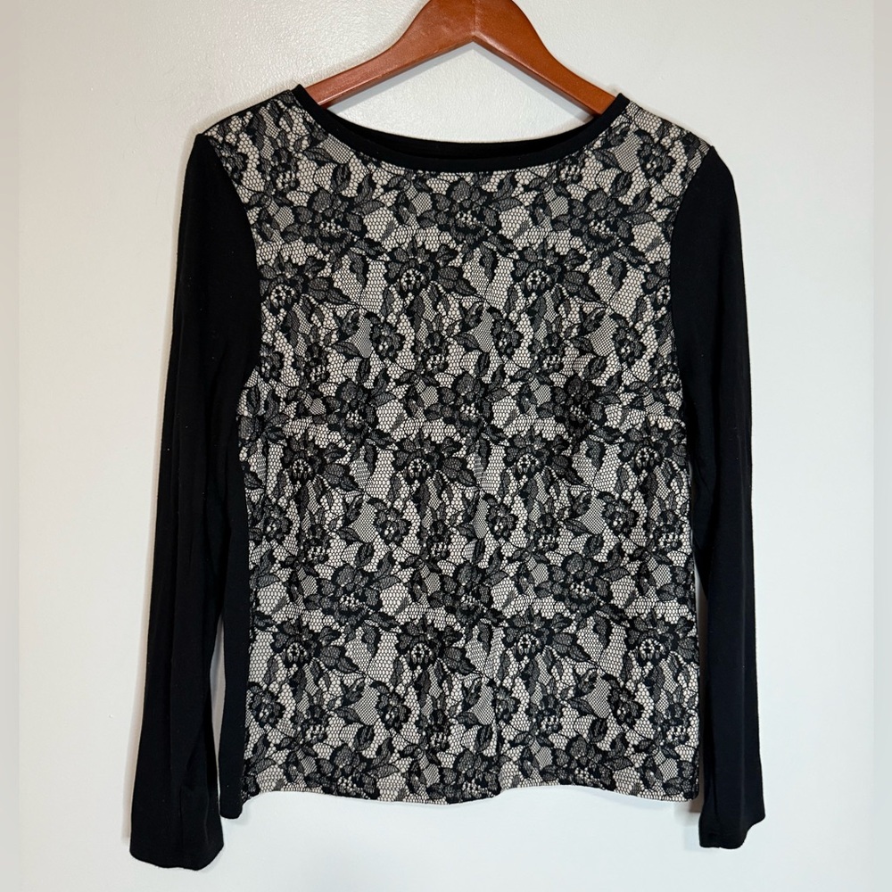 Chico's Black Lace Front Long Sleeve blouse  with Cream Underlay side medium (1)